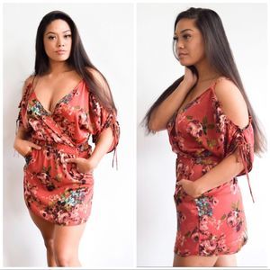 wanderlux red floral cold shoulder faux wrap dress